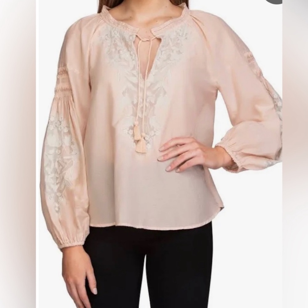 Free People Pale Peach Embroidered Lightweight Cotton Peasant Blouse - Picture 14 of 16